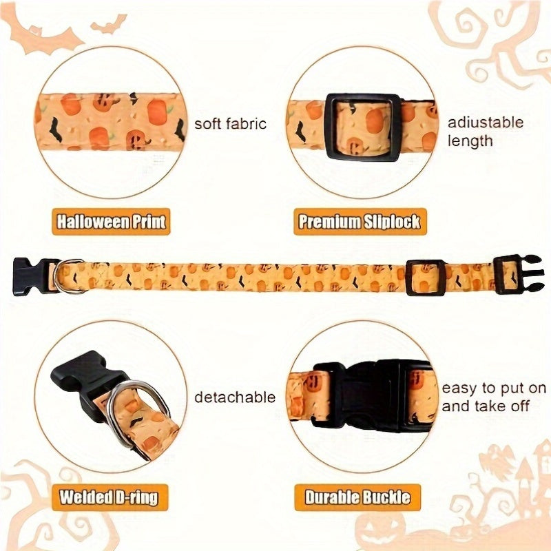 Collier Halloween Chien Ajustable - Motifs Citrouille Chauve-Souris Sorcière