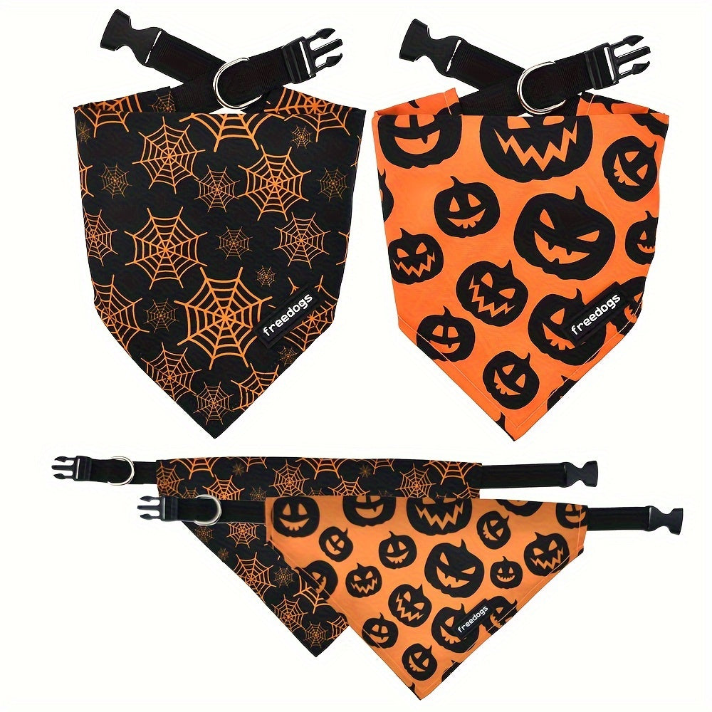Pack 2 Bandanas Halloween Chien avec Collier - Citrouille et Toile d'Araignée